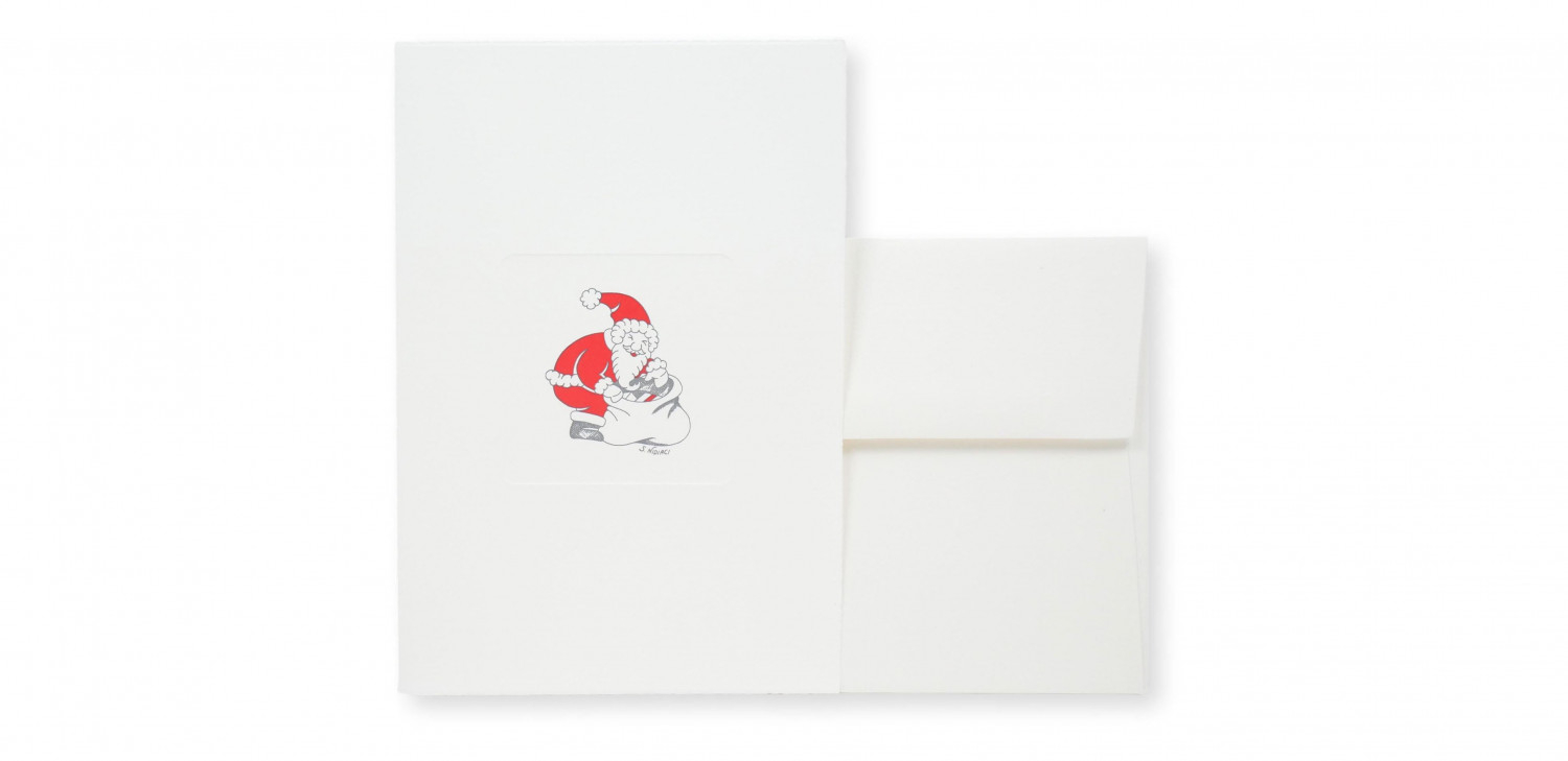 Card with Santa Claus bringing gifts